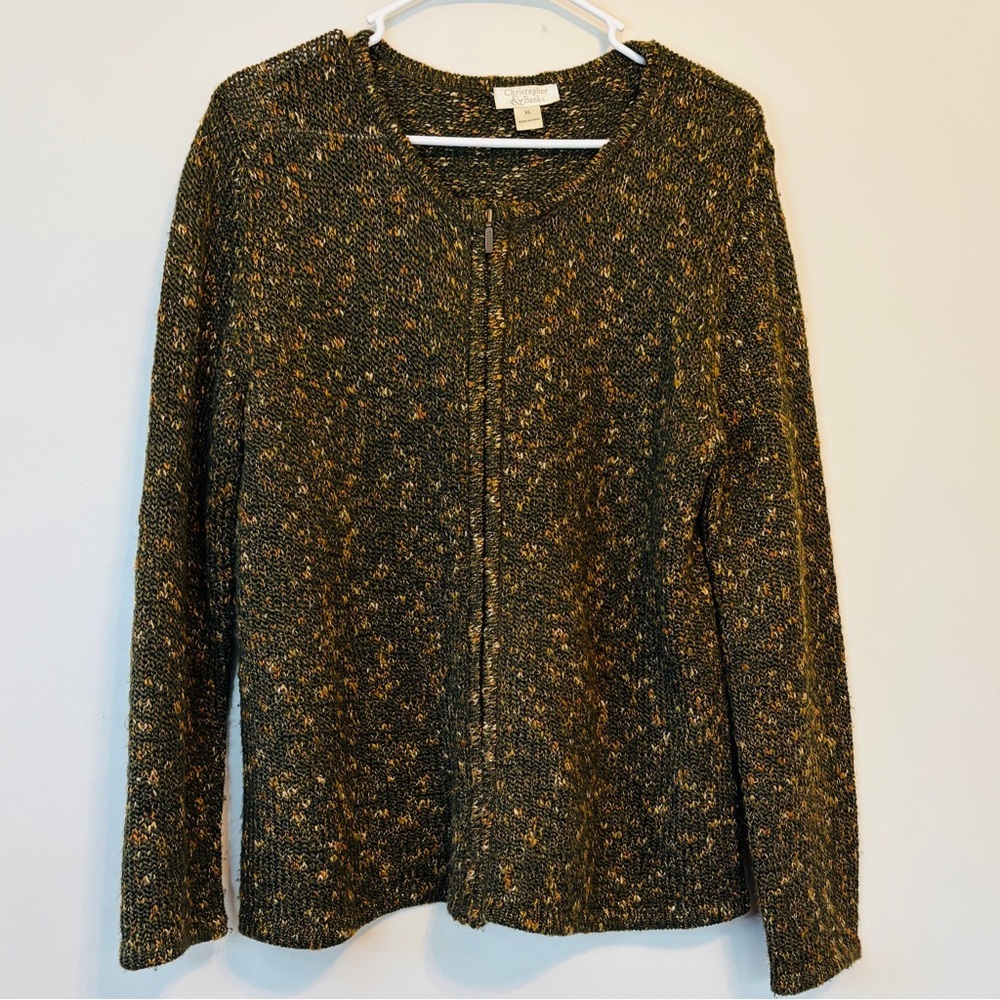 Christopher & Banks olive green and spotted zipper Cardigan